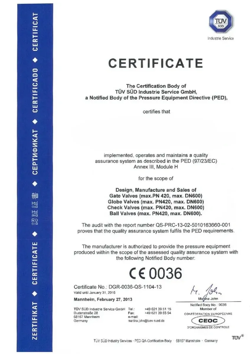 CE Quality System Certificate