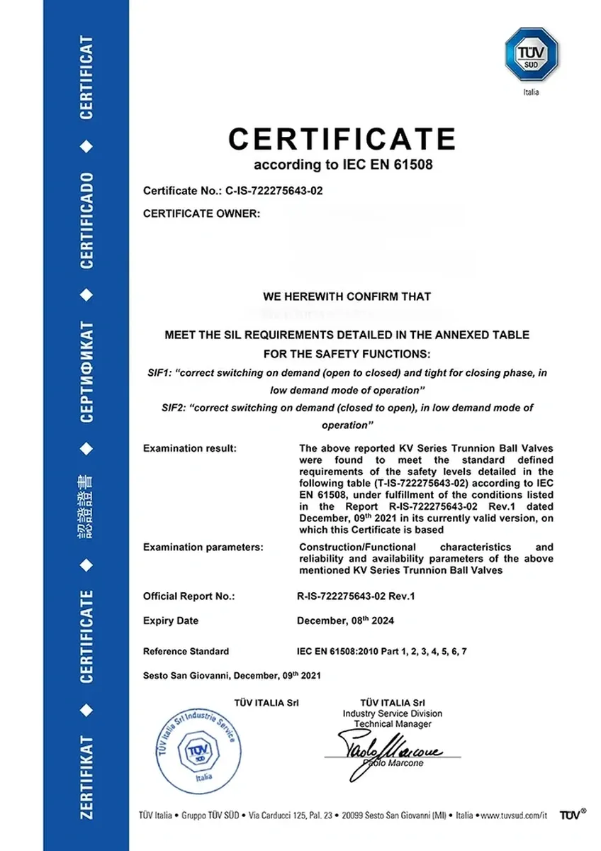 IEC 61508 SIL Compliance Certificate